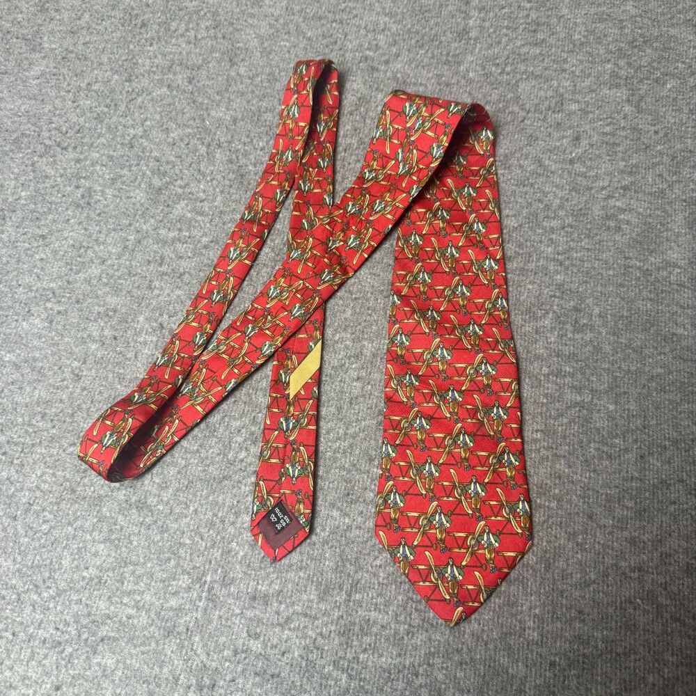 Salvatore Ferragamo Neck Tie Red Silk Aviator Airplanes Print Made In Italy 56"